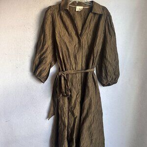 Umgee dress sz XL green pleated maxi balloon sleeve button up minimalist belted